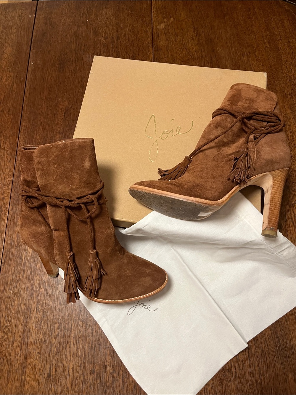Joie Brown Suede Tassel Stacked Heel Ankle Boots